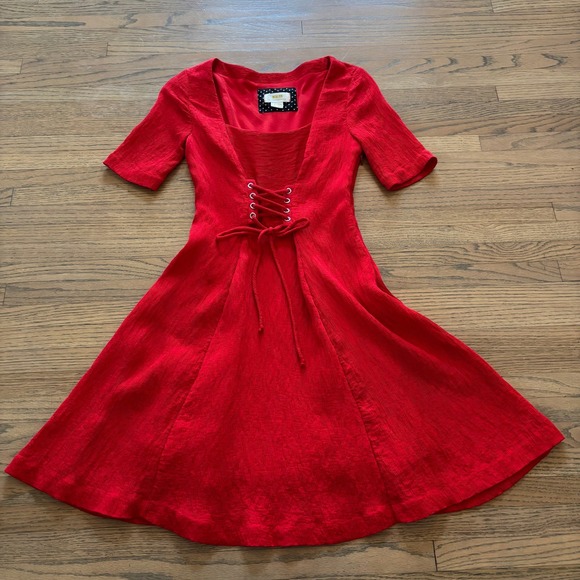 Maeve by Anthropologie Dresses & Skirts - Maeve by Anthropologie Red Lace Up Corset Fit & Flare Dress Womens 0P Petite